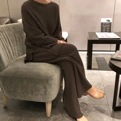 2022 Sweaters Two Pieces Set Soft Fabric Loose Pullover Top Wide Leg Pants Sets Winter Womens Office Lady Casual Sweater Suit