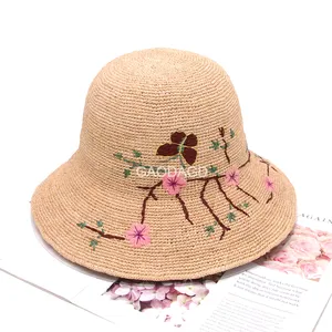 D D Wholesale Elegant hat Raffia Straw Crochet Bucket hat Fedora hat for Women with Embroidery Decoration
