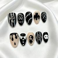 Uñas Postizas Góticas Hechas a Mano con Diseño de Calavera Negra, Cruz Plateada y Telaraña, 10 Piezas, Color Beige Nude, Uñas Falsas Góticas para Mujer