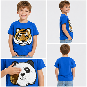 <span class=keywords><strong>T</strong></span>-<span class=keywords><strong>shirt</strong></span> à sequins animaux pour enfants, garçons et filles, motif tigre et panda, manches courtes, coton, haut d'é<span class=keywords><strong>t</strong></span>é, vente en gros OEM - Product Image 4