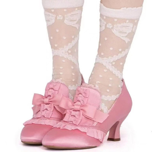 Chaussures de ballet en soie pour femmes, sandales de danse à talons bas pour filles, escarpins à nœuds croisés sur le devant - Product Image 1