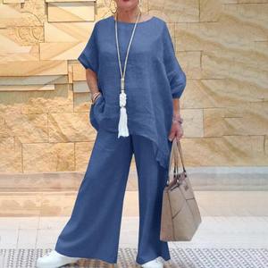 Nouvelle tenue pour femmes en coton et <span class=keywords><strong>lin</strong></span>, mode décontractée, <span class=keywords><strong>grande</strong></span> <span class=keywords><strong>taille</strong></span>, asymétrique, manches longues, <span class=keywords><strong>pantalon</strong></span> large, deux pièces - Product Image 4
