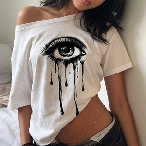 Wholesale Women Summer <b>Y2K</b> Vintage Abstract Eye Eyelash Print One Shoulder Loose T <b>Shirt</b> - Product Image 1