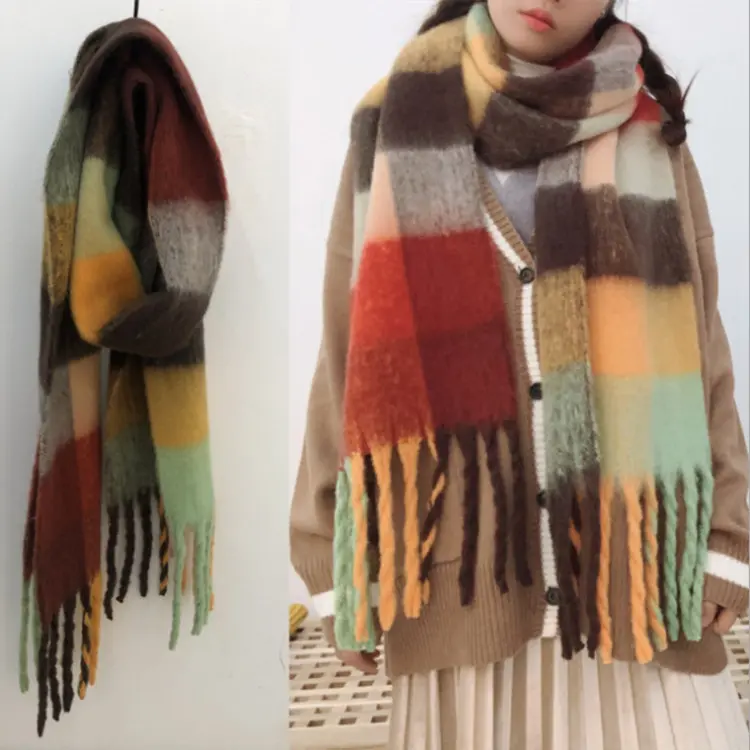 2023 Customized Unisex Winter Scarves Warm Long Tasseled Fashion plaid Pattern Knitted Scarf Shawl Stole