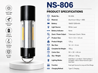 Lampe tactique rechargeable USB Type-C NS-806 avec zoom, laser COB blanc, en alliage d'aluminium, étanche IP55, portée du faisceau 300-400M