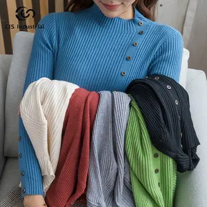 Jersey tejido de invierno de manga larga, prendas de punto, diseño de botones para mujer, suéter de cuello alto, jerséis, Top básico personalizado