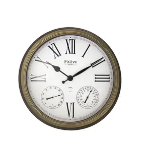 Grande Horloge Murale Extérieure Étanche de 24 Pouces Thermomètres Horloges Murales Vintage Silencieuses Horloge à Piles