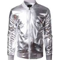 Blouson Bomber Métallisé Argenté Huayi pour Homme, Style Vintage Années 70, Costume Disco Doré, 95% Polyester 5% Spandex, Imprimé par Décharge
