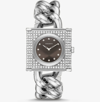 Jam Tangan Wanita MAROSERTO Logo Kustom, Jam Tangan Rantai Mini Lock Pavé Stainless Steel Warna Perak untuk Wanita