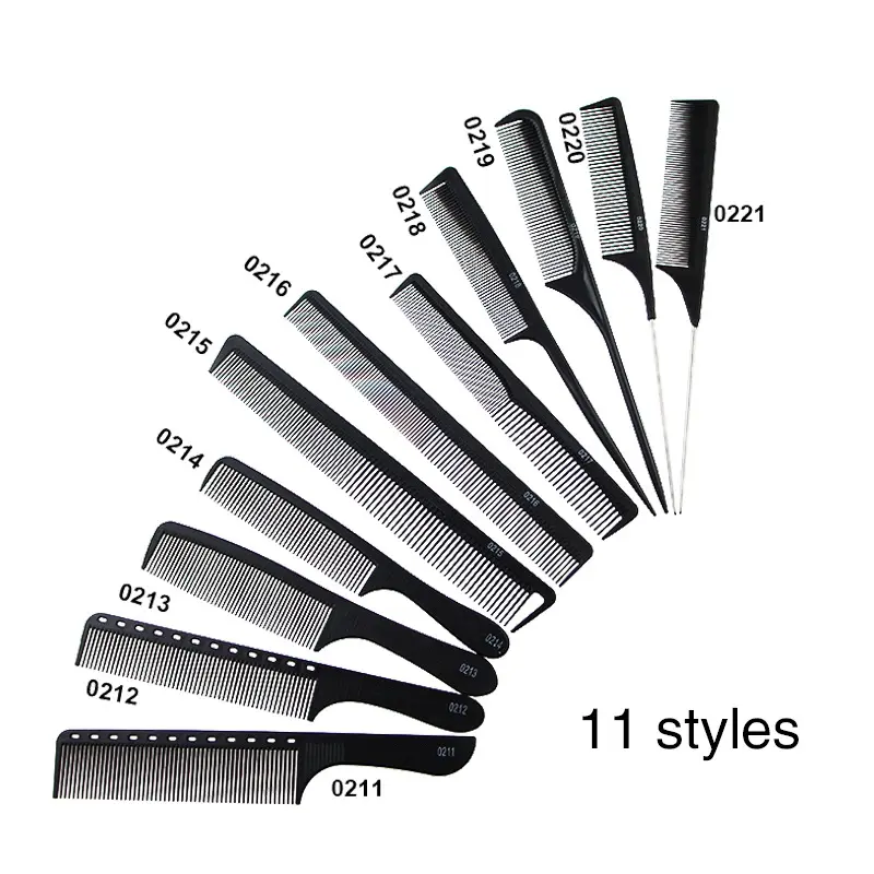 12 Styles Professional Heat Resistant Salon Black Metal Pin Tail Antistatic Comb Hard Carbon Cutting Comb Hair Trimmer