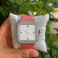 Montre de luxe sertie de diamants Moissanite, 40 mm, bracelet en cuir rose, verre saphir, montre mécanique automatique