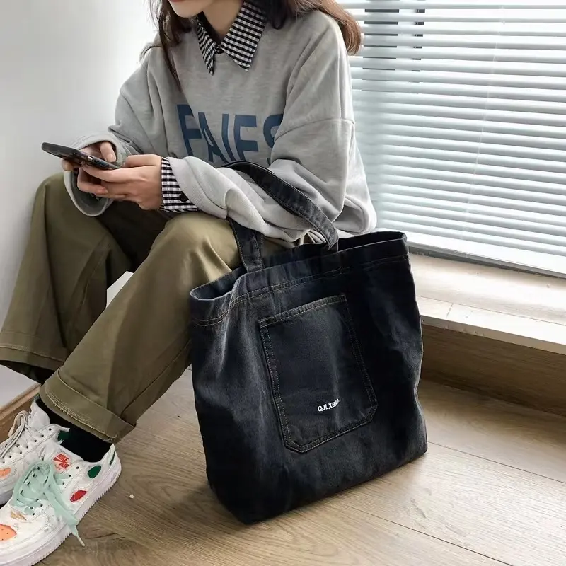 Chuang hua Großhandel benutzer definierte wasch bare große Leinwand Einkaufstaschen Retro Denim Jeans Tasche