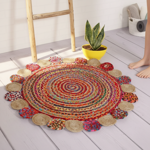 Jute Chindi Modern Floral Double Design Braided Anti-Bacteria Non-Slip Eco-Friendly Home <b>Runner</b> Rugs for Exercise Picnic Use - Product Image 3