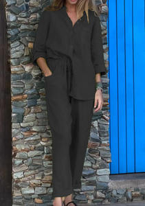 Nouveau femmes <span class=keywords><strong>grande</strong></span> <span class=keywords><strong>taille</strong></span> <span class=keywords><strong>lin</strong></span> coton chemise ensemble <span class=keywords><strong>taille</strong></span> haute <span class=keywords><strong>pantalon</strong></span> ample solide haut avec <span class=keywords><strong>pantalon</strong></span> Simple tenues décontractées - Product Image 6