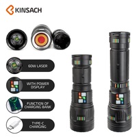 Linterna de Aleación de Aluminio Brillante con Lámpara Láser Blanca de 60w, Enfoque Telescópico y Carga Tipo-C, Marca KINSACH, Venta al Por Mayor