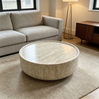 Table basse ronde en marbre travertin naturel sur mesure de luxe, ensemble de tables d'appoint en pierre naturelle pour la maison, l'hôtel, la villa