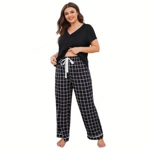 WanBao nouveauté She grande taille chemise à manches courtes taille élastique pantalon ample 2 pièces femmes été vêtements de détente pyjama - Product Image 1