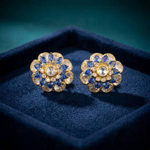 925 Sterling <b>Silver</b> Polki Stud <b>Earrings</b> Rhodium Green Nano <b>Blue</b> Flower Shape Indian Jewelry for Women Anniversary Party Gift - Product Image 6