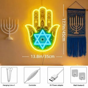 Insegna al Neon Mano di Hamsa Stella di David, LED per Hanukkah, Decorazione per Casa e Sinagoga, Display Elettronico - Product Image 4