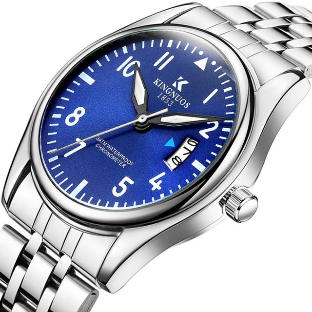 Hot Selling Classic Watch for Men KINGNUOS 187 Stainless Steel Date Digital Quartz Mens Watches Luxury Silver Blue Wrist Watch