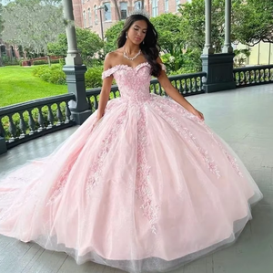 Abiti da Quinceañera <span class=keywords><strong>Rosa</strong></span> Chiaro Senza Spalline in <span class=keywords><strong>Tulle</strong></span> e Raso Su Misura per Dolci 15 e 16 Anni Abito da Ballo da Principessa per Concorsi di Bellezza Vestidos - Product Image 4