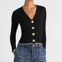 Cardigan rétro élégant à col en V avec bords contrastés Style français coupe décontractée haut amincissant à manches longues