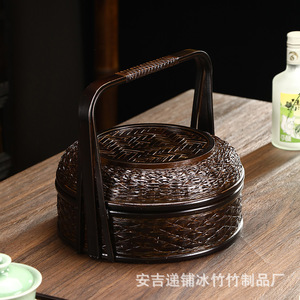 Handmade bamboo woven storage box, retro style, lidded tea set storage <b>basket</b>, household organizer <b>basket</b>, Japanese style tray, - Product Image 4