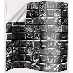 lvfan JS007金属黑色小方格瓷砖，带自粘DIY厨房防脂墙贴