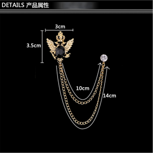 Broche vintage Couronne Aigle en cristal noir, clou d'oreille en strass, épingle de revers à double chaîne à pampilles, accessoire pour costume homme et gentleman - Product Image 4