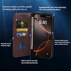 Étui de téléphone portable en cuir PU avec rabat magnétique, porte-cartes, protection contre les chocs pour iPhone 12 13 15 16 Pro Max - Product Image 2