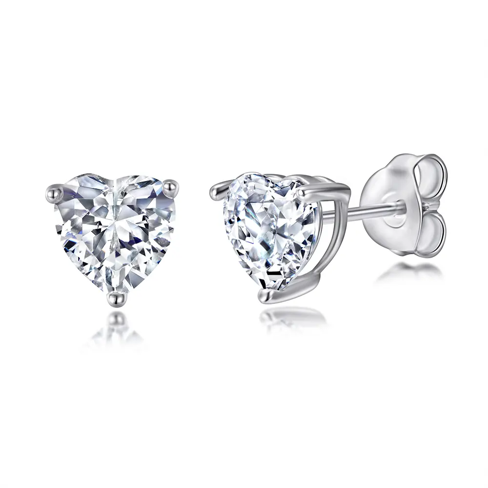 Classic Heart Cut 6.0mm Cubic Zirconia Prong Setting Rhodium Plating Real Silver Earring Studs for Party