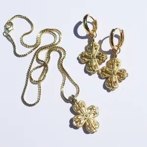 Fashion Jewelry Jewelry Set Gold Plated Flower Cross Pendant Earrings Necklace Vintage Gold Jewelry Set