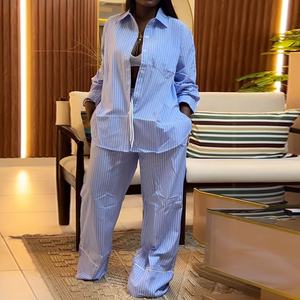 ラペルルーズストライプシャツワイドレッグパンツ女性用カジュアル2ピースセットSeheファッション - Product Image 3