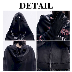 Sudadera con capucha personalizada de algodón transpirable con efecto lavado, cierre de cremallera bidireccional, diseño Y2K oversize, unisex, estampada y desgastada. - Product Image 6