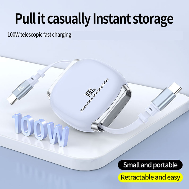 100W USB-C Type-C Fast Charging Retractable Cable TPE Jacket for iPhone 17 for for S22/S21 Computer & Earphone Use