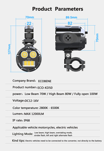 Ecobene ไฟหน้าสปอตไลท์รถจักรยานยนต์100W เลนส์ LED ไฟสูง/ต่ำไฟตัดหมอกภายนอกไฟเสริม IP68กันน้ำ3เลนส์ - Product Image 6