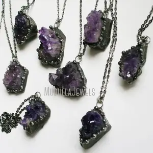NM43796 Soldered Natural Purple Amethyst Crystal Cluster Druzy Geode Necklace Witch Wicca Boho Hippy Goth Occult