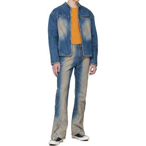 Veste en jean pour homme, style motard, bleu délavé, col montant, fermeture éclair, non extensible, denim biker - Product Image 5