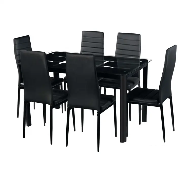 Modern Black 6 Seats for Dining Room Set top tempered glass dining table