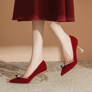 <b>Red</b> Velvet Bridal Pumps Pointed Toe Stiletto <b>Heel</b> With Pearl Bow Decoration High <b>Heel</b> Wedding Shoes For - Product Image 3