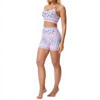 Ensemble de yoga imprimé floral/animal/à carreaux, short cycliste taille haute et brassière de sport, tenue de sport deux pièces avec logo frontal pour la gym et la course à pied