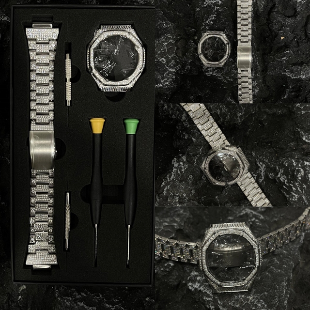 Silver Full Diamond Watch case with Strap Set for GA2100 GA2110 CASIOak Customizing Professional Mod Kits Diy Watch Parts