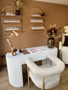 Modern çivi Bar istasyonu güzellik salonu mobilyası çift kişilik ahşap tırnak tabloları tırnak masası manikür masa sandalye takımı - Product Image 4