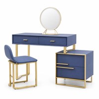 Ensemble de coiffeuse avec cadre en bois massif, finition bleue capitonnée, miroir LED trois couleurs, commode à trois tiroirs, meuble de chambre à coucher