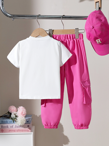 Completo estivo autunnale 2026 da <span class=keywords><strong>bambina</strong></span>: T-shirt a maniche corte e pantaloni <span class=keywords><strong>cargo</strong></span> in cotone pettinato traspirante, tinta unita - Product Image 2