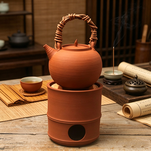 Théière artisanale en argile rouge de 500 ml, compatible flamme directe, avec poignée en rotin tressé, pour le chauffage de l'eau et le service traditionnel du thé - Product Image 3