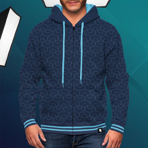 Sweat-shirt à capuche zippé pour homme, bleu marine, motif géométrique, coupe classique, décontracté, avec bordure bleu clair et impression par sublimation - Product Image 1