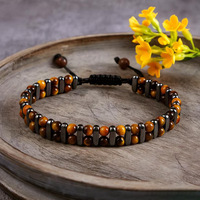 Bracelet en perles d'œil de tigre naturel et d'obsidienne noire |   Bracelets en corde tressée à double rangée, bijoux faits à la main unisexes, cordon réglable