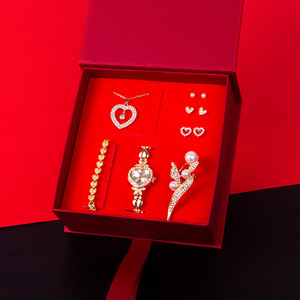 Ensemble cadeau transfrontalier pour femmes, bijoux en perles et fleurs dorées, montre, broche, collier, boucles d'oreilles, ensemble de bijoux fins - Product Image 2