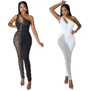 Plus Size Mesh Strass One Shoulder Bodysuit Bodycon Overall sexy Clubwear für Frauen